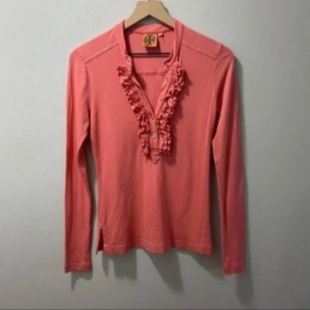 Tory Burch Coral Romilly Polo Long Sleeve Top Ruffled Preppy Chic Size Small